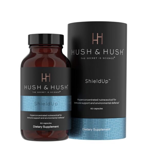 Botella suplementos Hush & Hush ShieldUp 60 cápsulas veganas