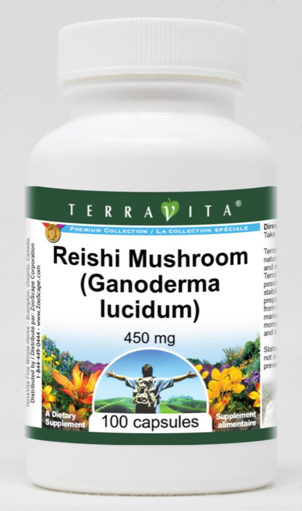 Botella TerraVita Reishi Hongo Ganoderma 450 mg 100 cápsulas