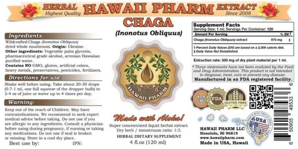 Detalle extracto líquido Chaga natural hecho en Hawái con Aloha