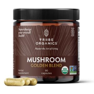 Botella Tribe Organics mezcla dorada de hongos 90 cápsulas