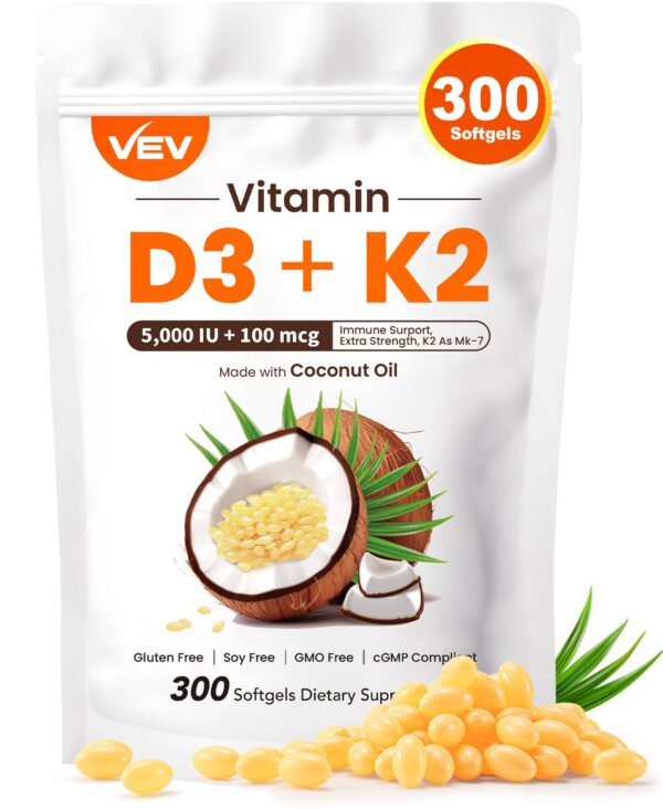 Botella VEV vitamina d3 k2 5000 UI 300 softgeles