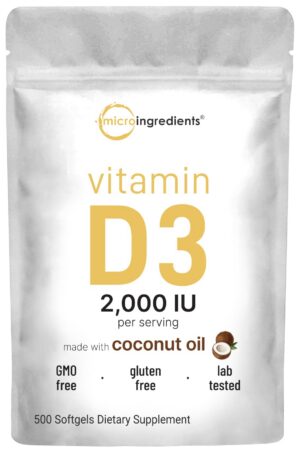 Botella de vitamina d3 2000 ui con aceite de coco 500 softgels