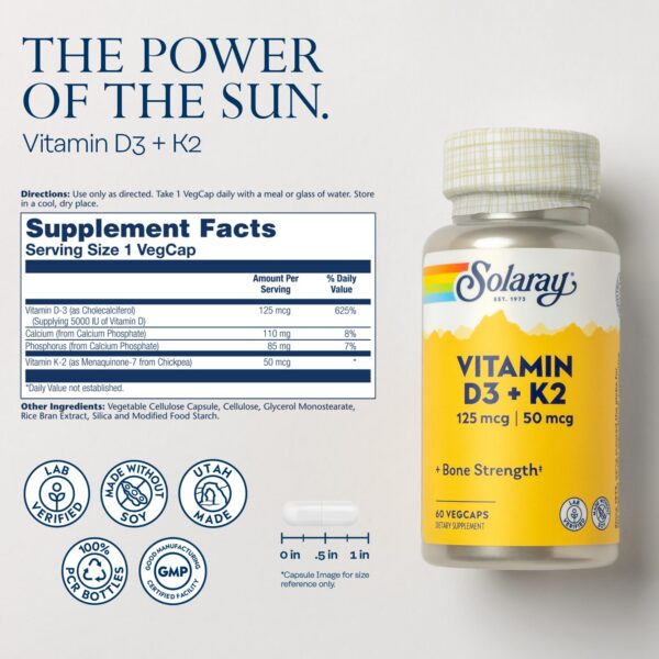 Botella vitamina d3 k2 magnesio solaray suplemento salud mineral