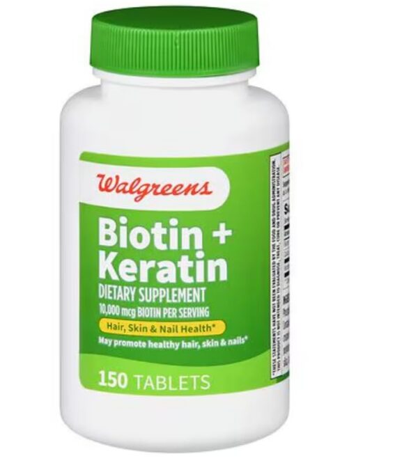 Botella de Walgreens biotina y queratina 150 tabletas