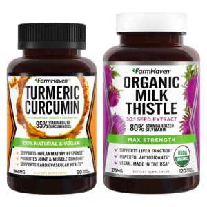 Botellas FarmHaven Cardo Mariano y Cúrcuma frente