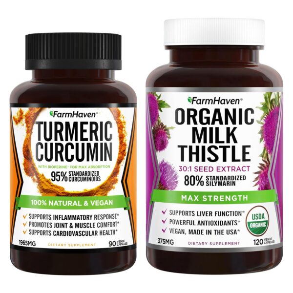 Botellas FarmHaven Cardo Mariano y Cúrcuma frente