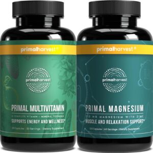 Botellas suplementos Primal Harvest multivitaminas y magnesio
