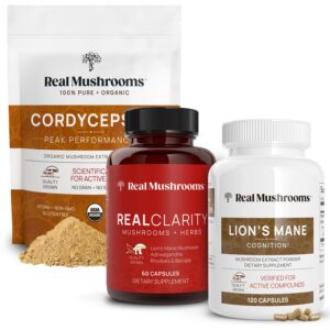 Botellas de Real Mushrooms RealClarity y Lions Mane con Cordyceps