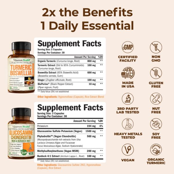 Botellas de suplemento articular vegano con ingredientes naturales