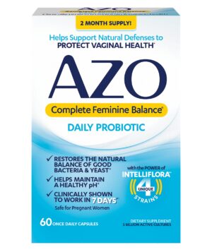 Botella AZO Complete Feminine Balance probióticos vaginales 60 cápsulas