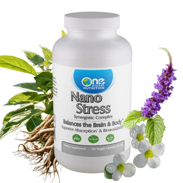 Version 1.0.0 Botella de cápsulas Nano Stress 500 mg suplemento adaptógeno vegano