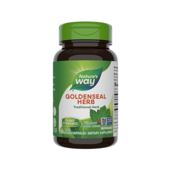 Botella Nature's Way Goldenseal 700 mg 100 cápsulas vegana
