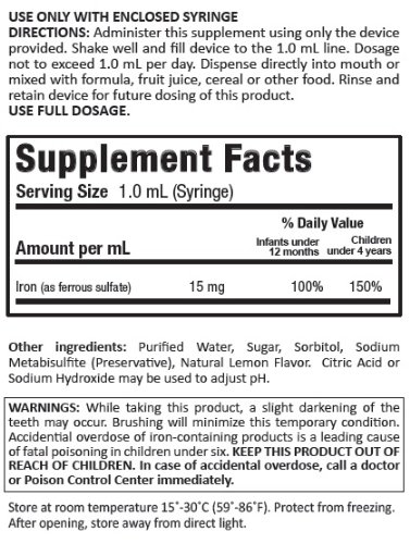 Etiqueta y frasco de Pedia Iron Drops 50 mL