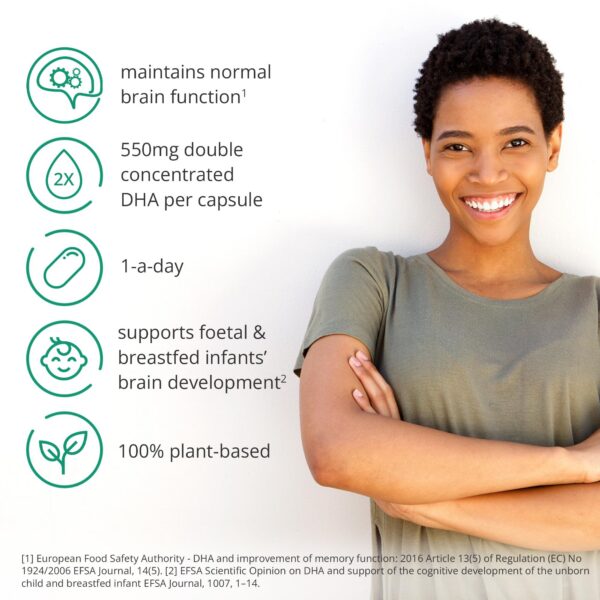 Frasco y etiqueta de DHA vegano Brain feed