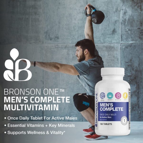 Bronson ONE Daily multivitamin bottle with tablets closeup