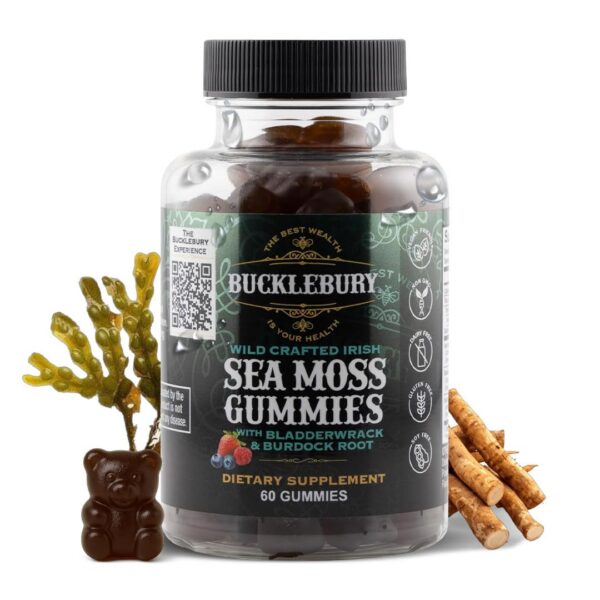 Bucklebury gomitas musgo marino frente al empaque