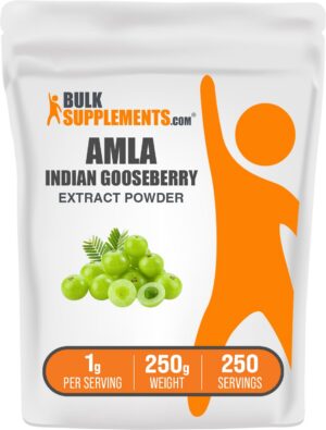 Frasco de polvo de amla con etiqueta BulkSupplements