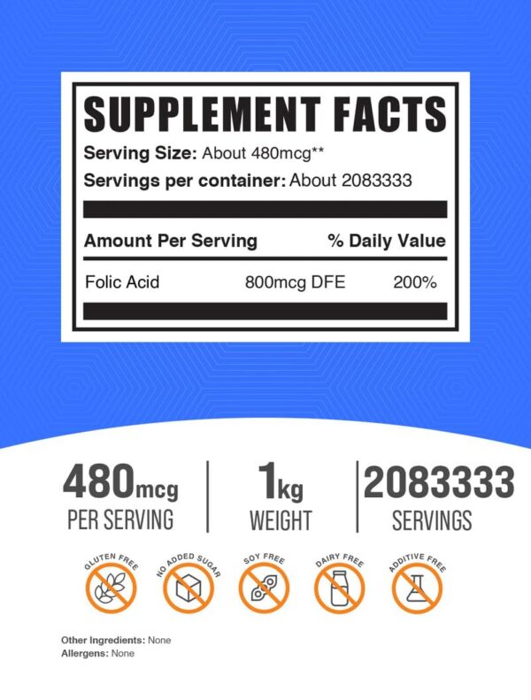 Polvo de ácido fólico BulkSupplements - etiqueta lateral