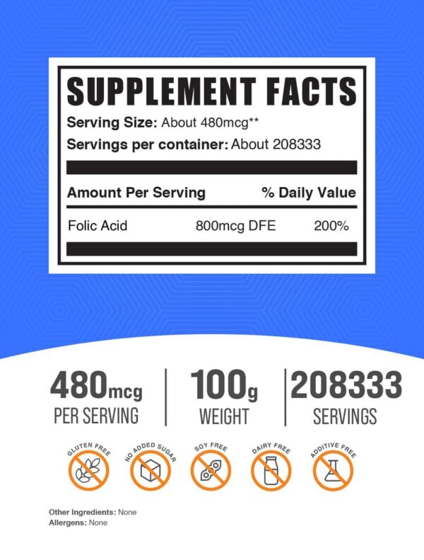 Etiqueta de ácido fólico BulkSupplements detalle