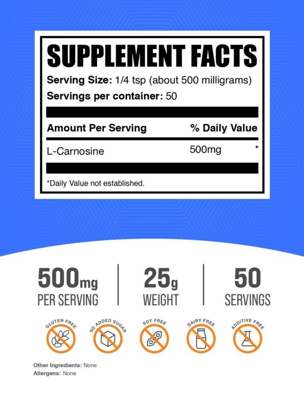 Frasco de polvo L-Carnosina BulkSupplements con etiqueta