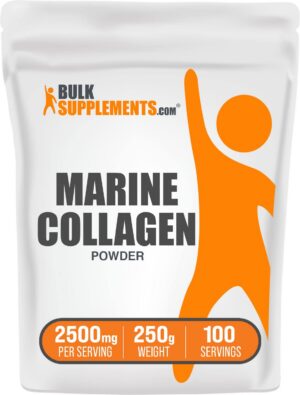 Polvo de colágeno marino BulkSupplements en envase blanco