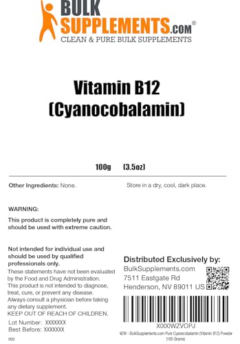 Vista lateral paquete polvo Vitamina B12 BulkSupplements 100g