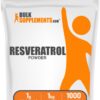Frasco de polvo de resveratrol BulkSupplements con etiqueta