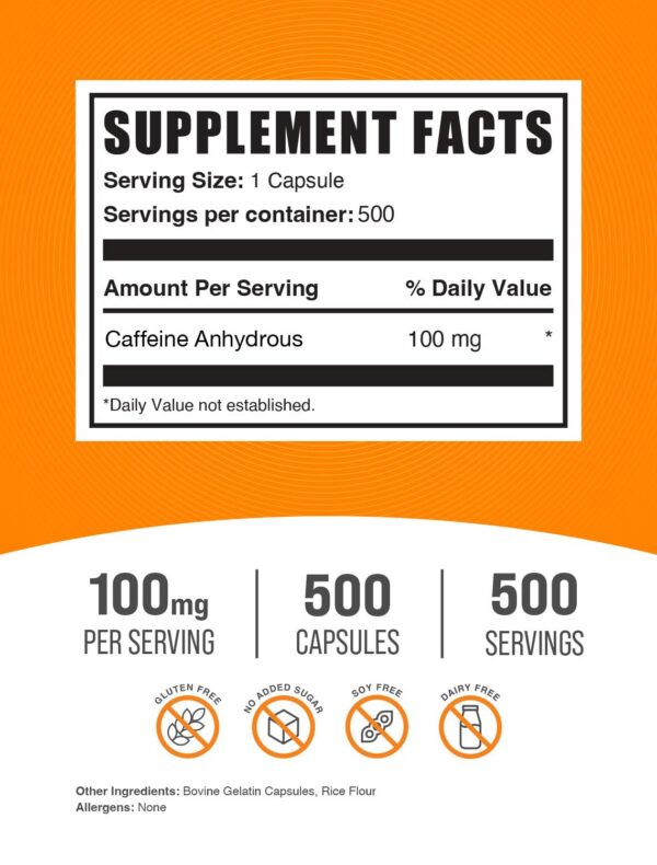 Envase BulkSupplements cápsulas cafeína 100mg lado derecho