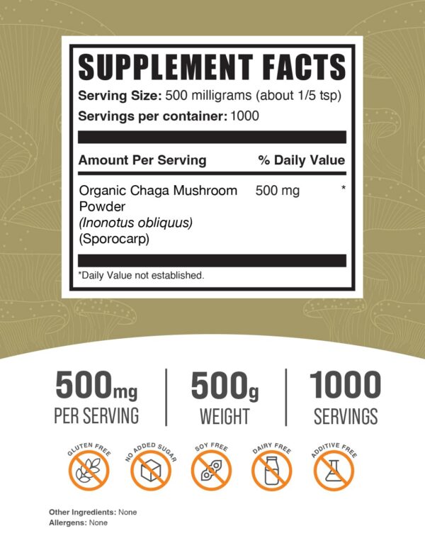 BulkSupplements polvo chaga suplemento vegano sin gluten 500 gramos
