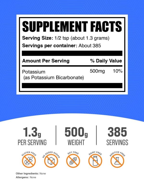BulkSupplements bicarbonato de potasio polvo etiqueta