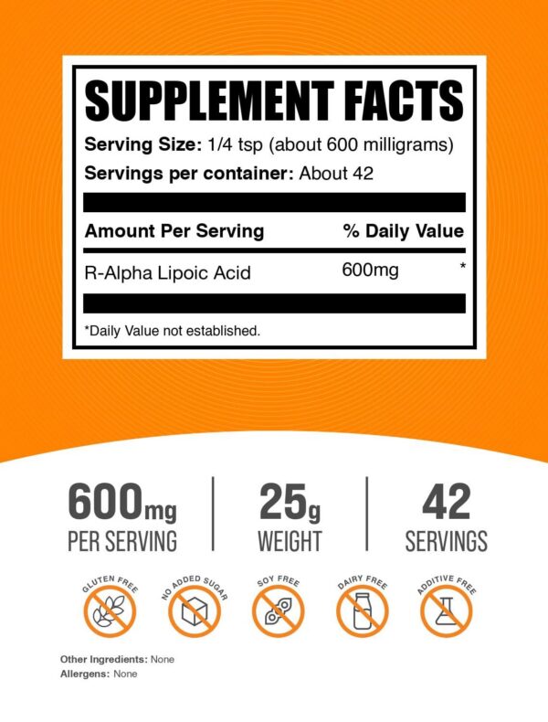 Etiqueta del suplemento BulkSupplements R-ALA polvo