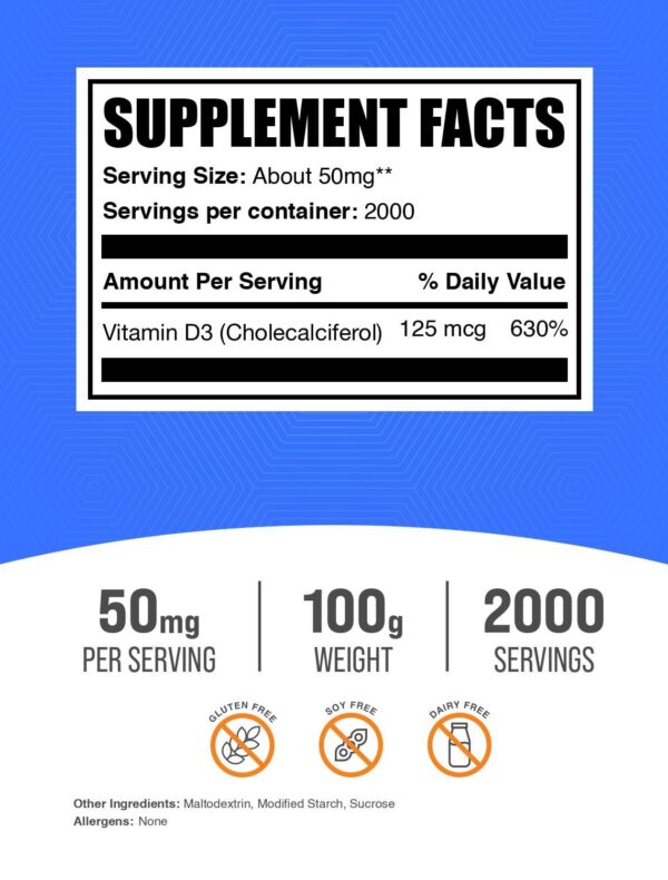 BulkSupplements Vitamina D3 polvo etiqueta trasera