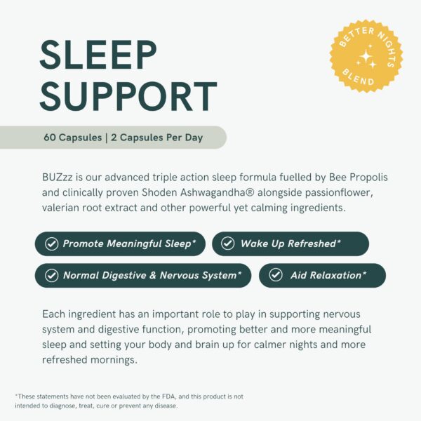 BUZzz fórmula sueño triple acción con propóleo y ashwagandha 60 cápsulas