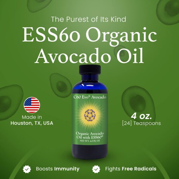 Etiqueta ESS60 en frasco de aceite de aguacate