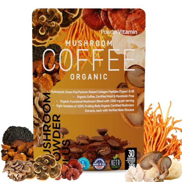 Café orgánico PowderVitamin con mezcla de 8 hongos y colágeno