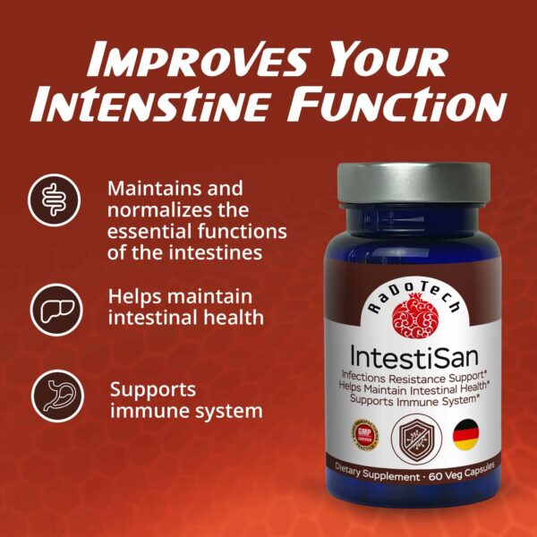 Caja externa suplemento RaDoTech IntestiSan para bienestar digestivo e inmunológico