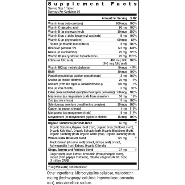 Caja y frasco Rainbow Light multivitamínico mujeres 50+ 60 tabletas