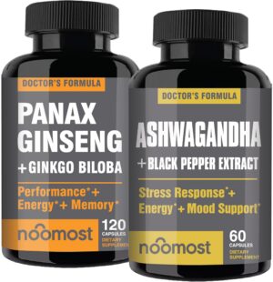 Caja y frasco suplemento NooMost ginseng y ashwagandha