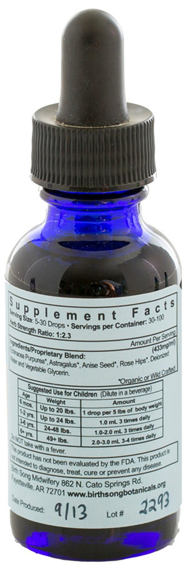 Caja y frasco tintura herbal orgánica para niños Birth Song Botanicals