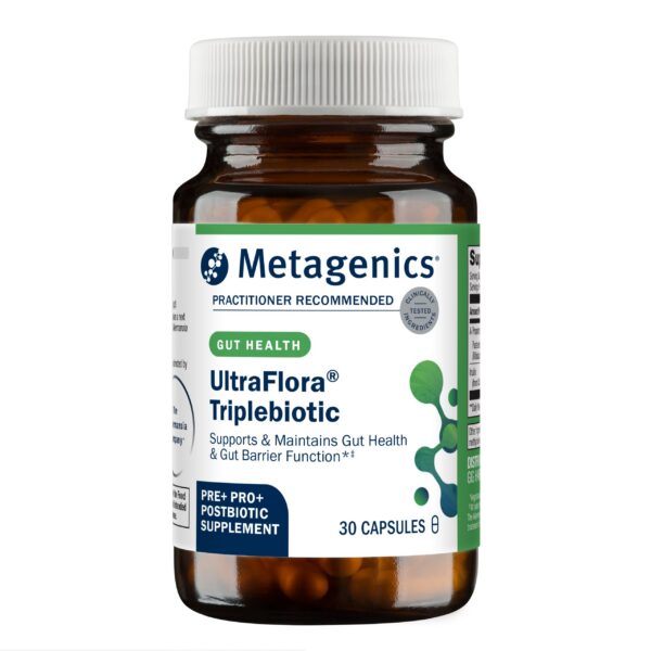Caja Metagenics UltraFlora Triplebiotic con Akkermansia 30 cápsulas