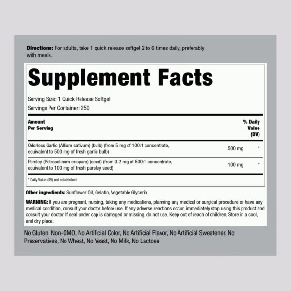 Caja de pildoras ajo perejil Piping Rock suplemento herbal