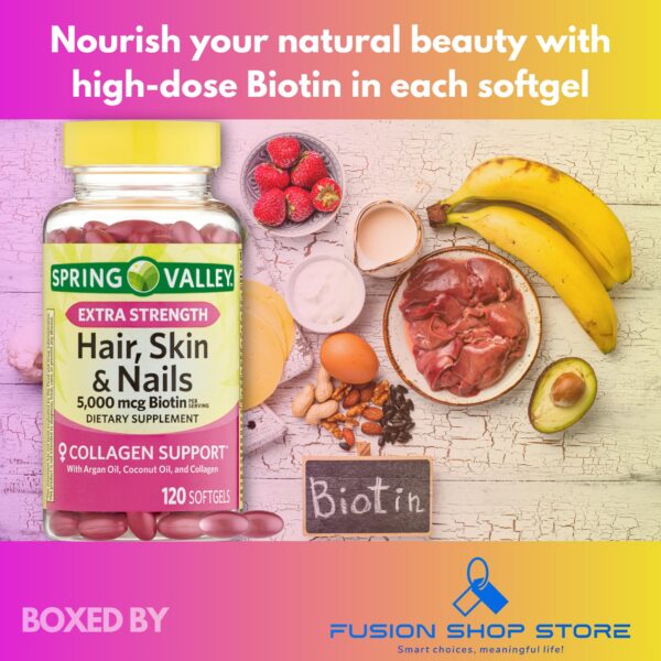 Caja del producto Biotina Spring Valley para uñas cabello piel