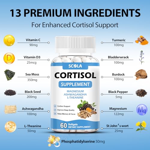 Caja del suplemento de cortisol SCOLA con magnesio y ashwagandha