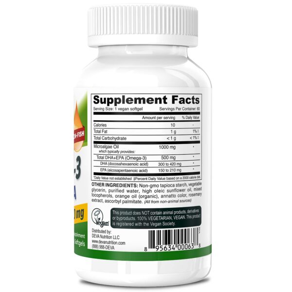 Caja suplemento DEVA Omega-3 vegano con información