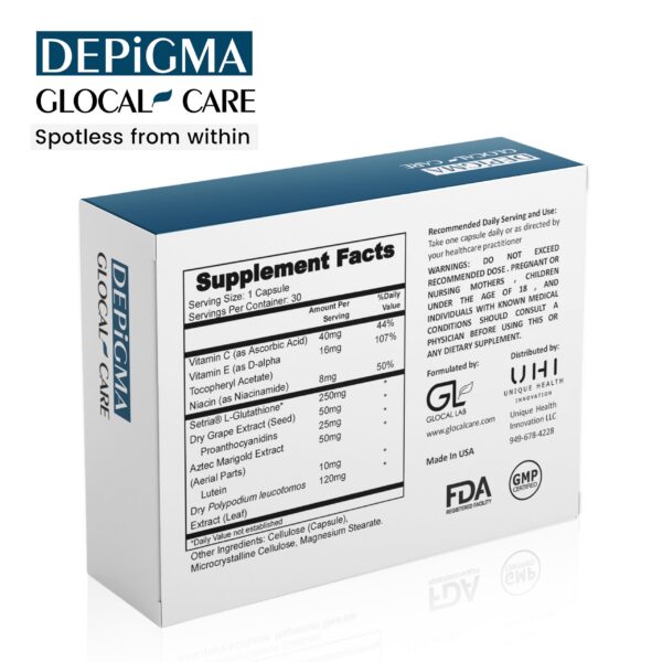 Version 1.0.0 Caja de suplemento GlocalCare Depigma para melasma y hiperpigmentación