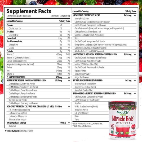 Caja de MacroLife Naturals Miracle Reds suplemento superfood en polvo