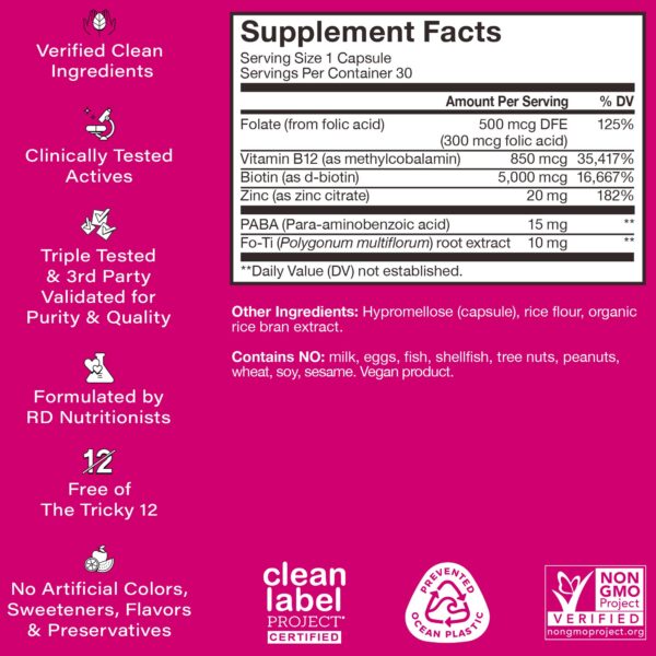 Caja del suplemento vegano para cabello HUM Hair Strong 30 cáps