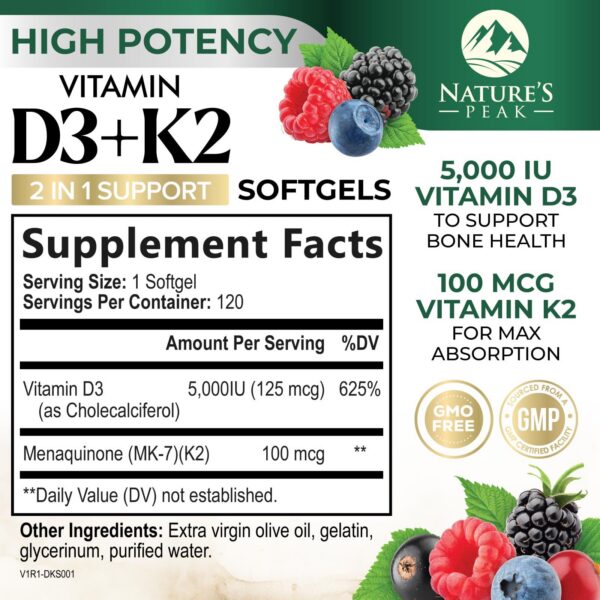 Caja de suplemento vitamina d3 k2 120 softgels natures peak