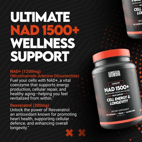 Version 1.0.0 Caja UTOYA NAD 1500+ con etiquetas destacando ingredientes y beneficios