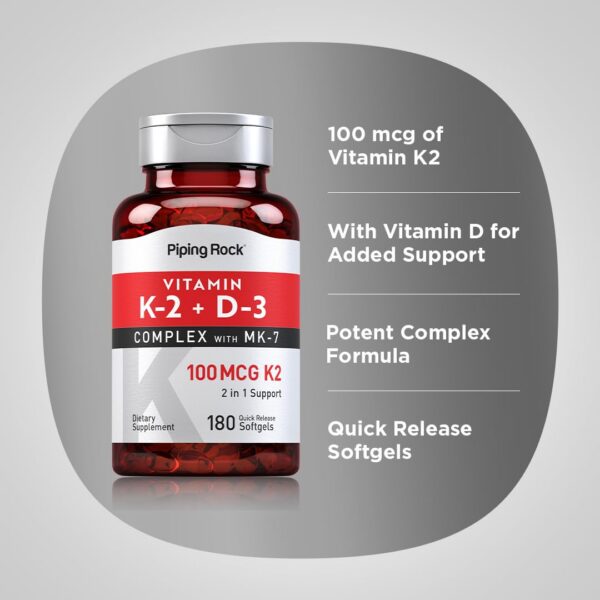 Caja de vitamina K2 D3 Piping Rock con 180 softgels